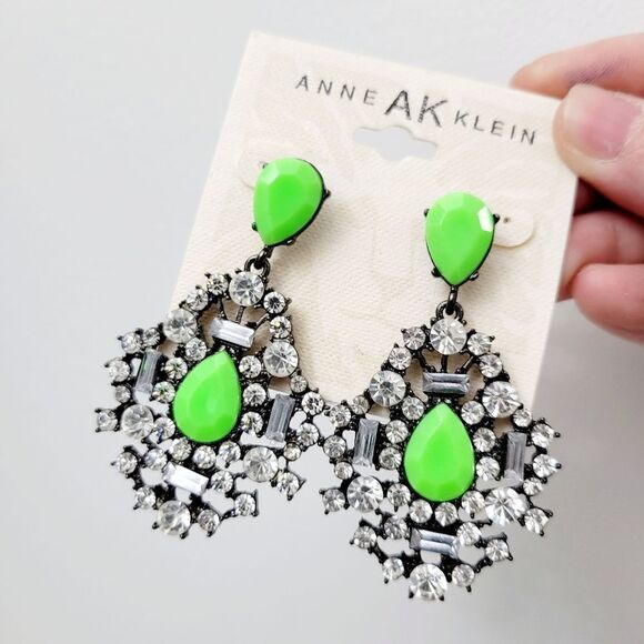 Brand New Anne Klein Green & Silver Rhinestone Earrings - Picture 2 of 7